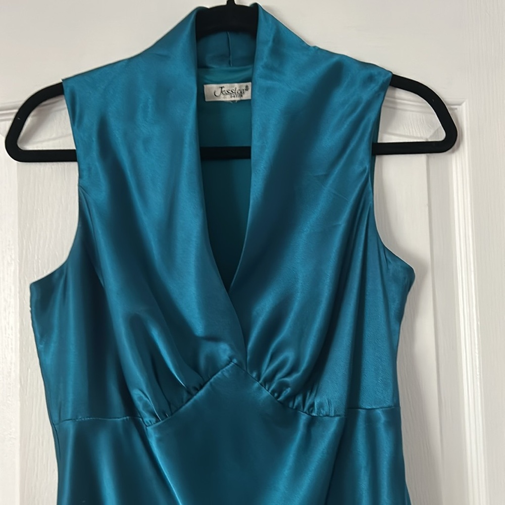 Jessica Petite Teal Satin Fit & Flare Dress